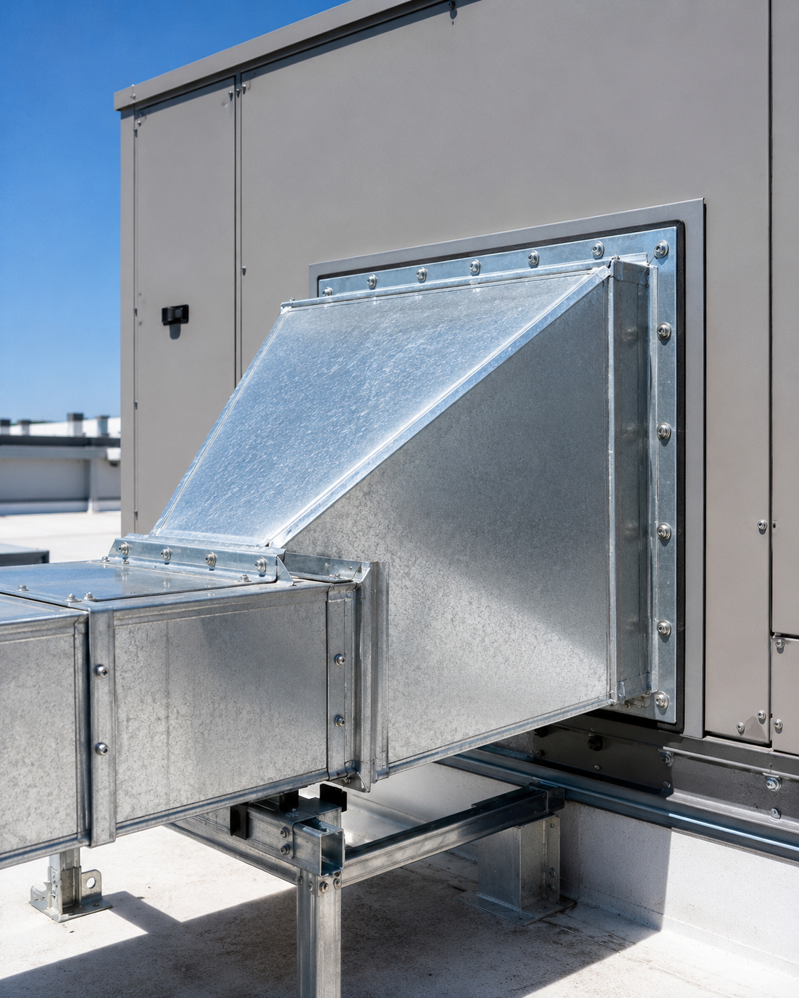 Metal HVAC duct connecting to a rooftop ventilation unit on a building roof.