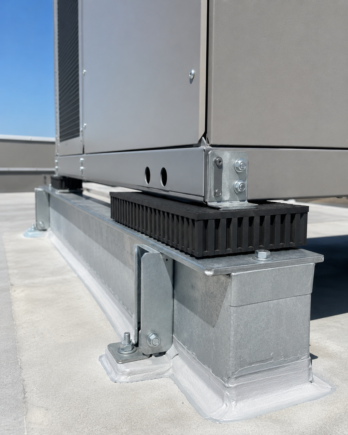 Rooftop HVAC unit on concrete blocks with black vibration pad and metal support brackets