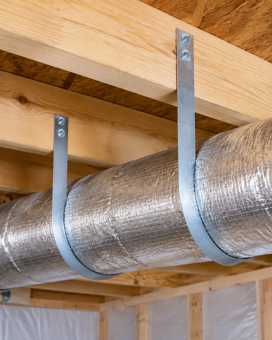 Silver insulated HVAC duct secured with blue metal straps to wooden ceiling joists