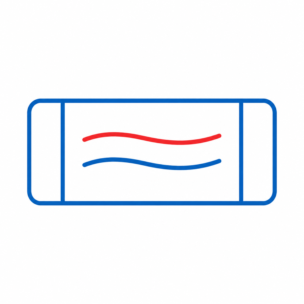 Blue circular logo with red flame and navy wave lines