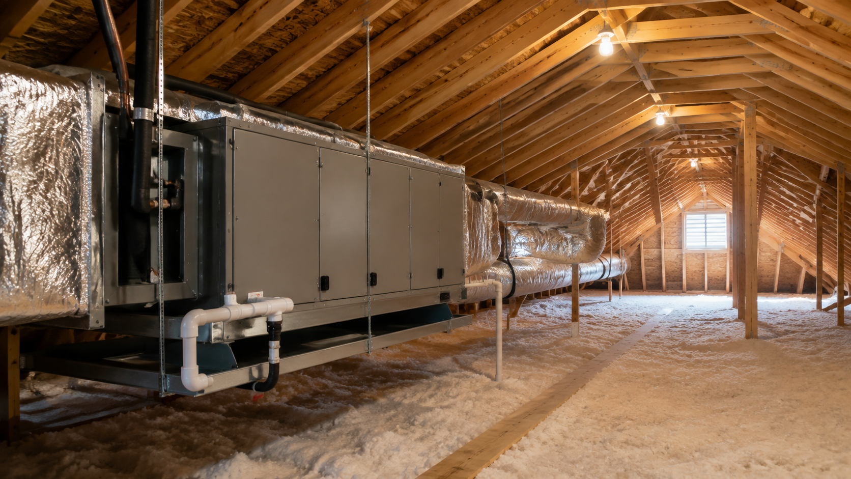 Industrial HVAC units in a wooden attic with exposed beams and insulation drywall