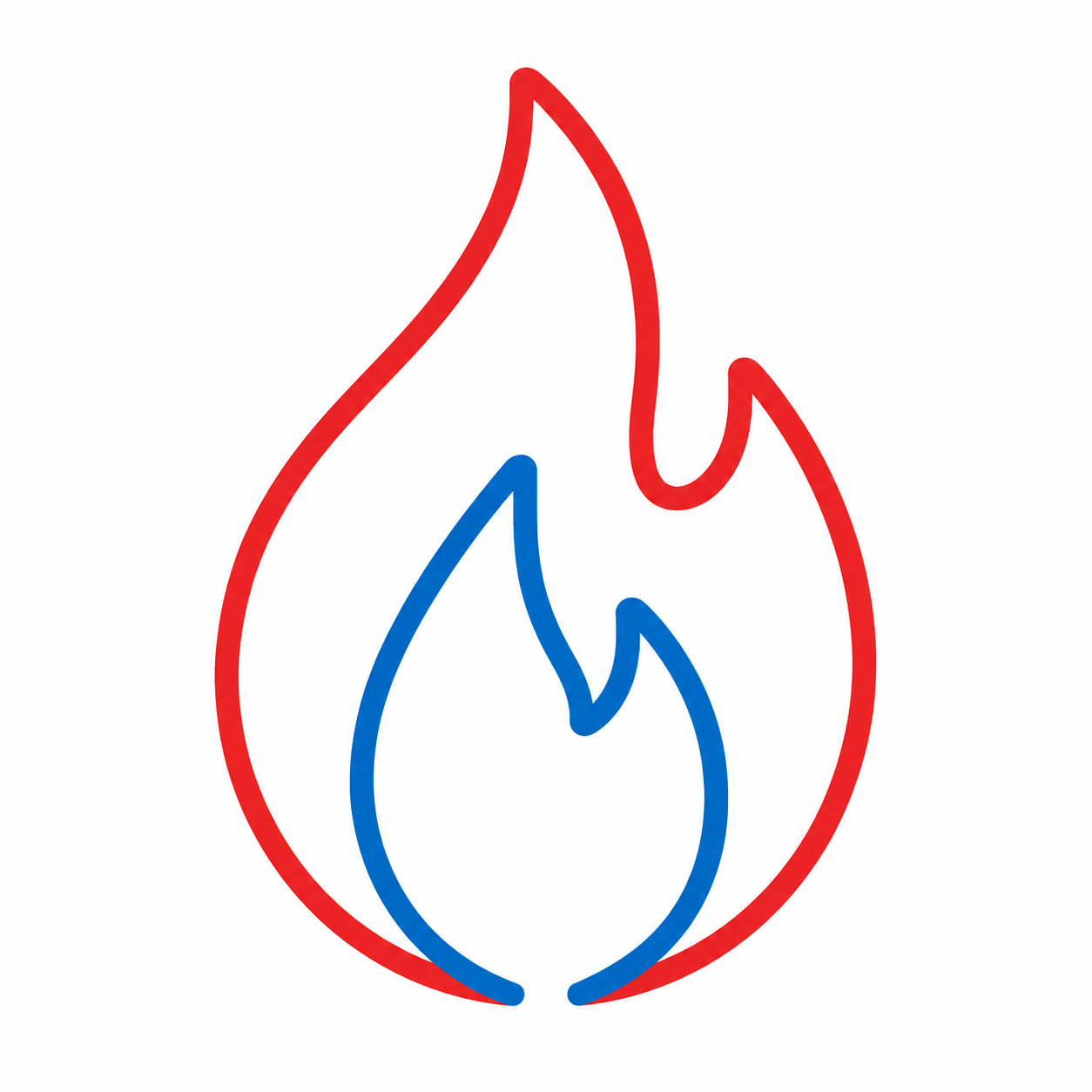 Blue circular logo with red flame and navy wave lines