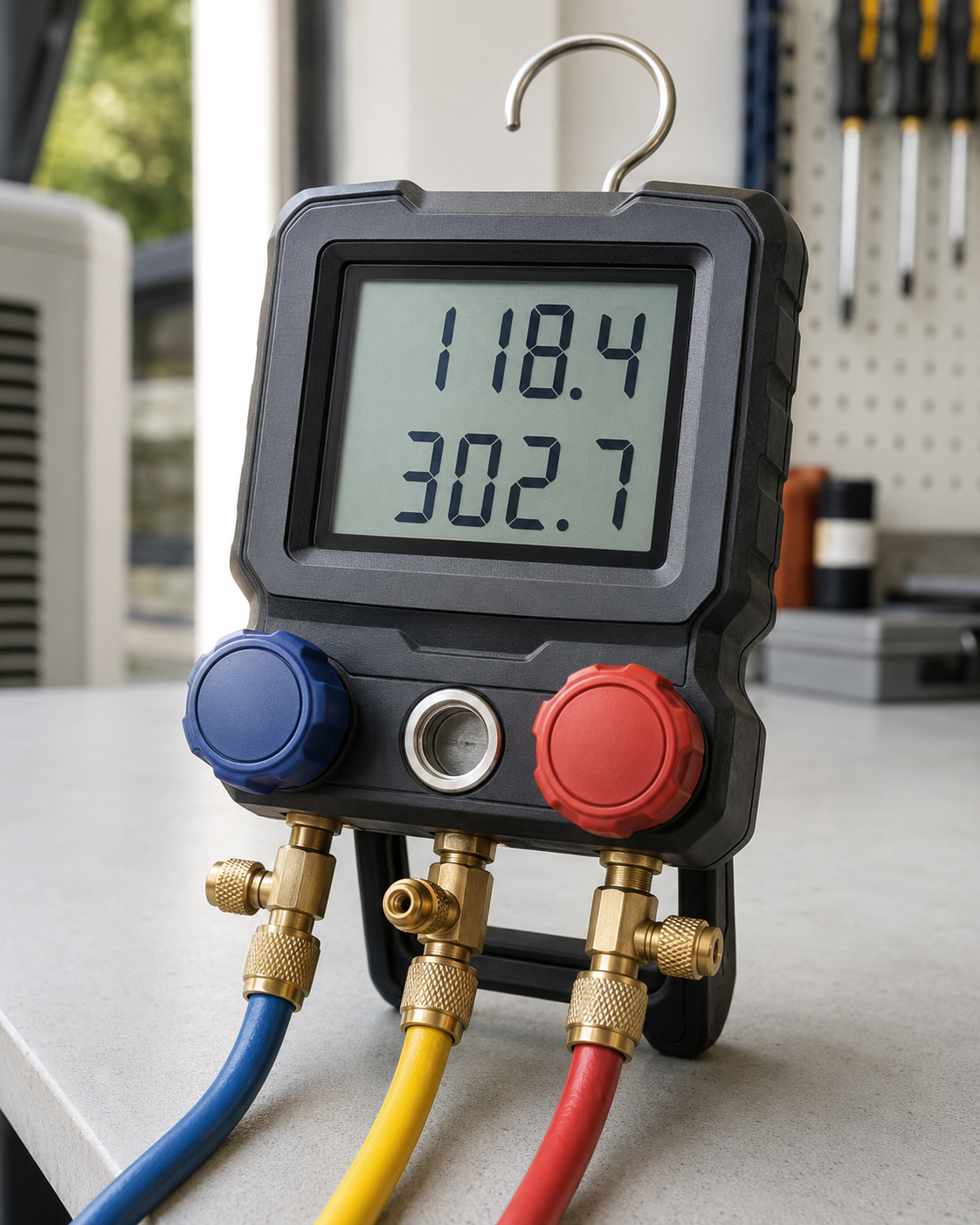 Digital manifold gauge with blue, yellow, and red hoses showing 118.4 and 302.7 on a workbench