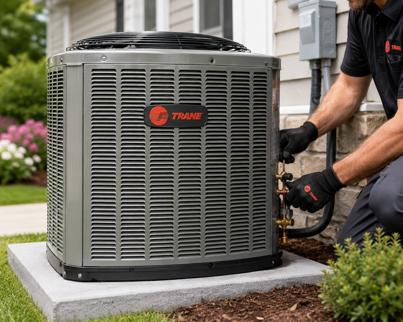 Technician servicing a Trane outdoor air conditioner unit beside a house