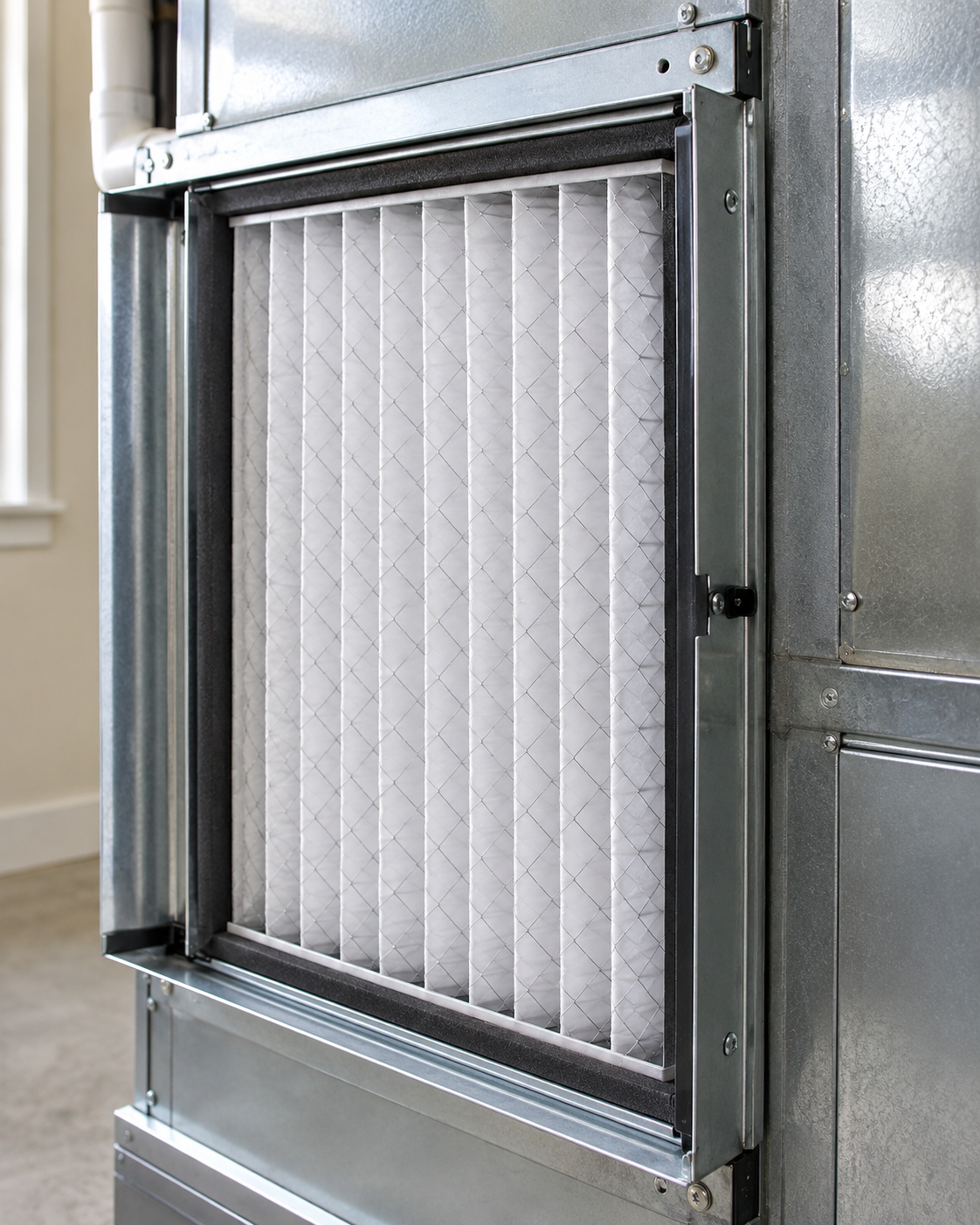White pleated air filter inside a gray metal HVAC cabinet opening