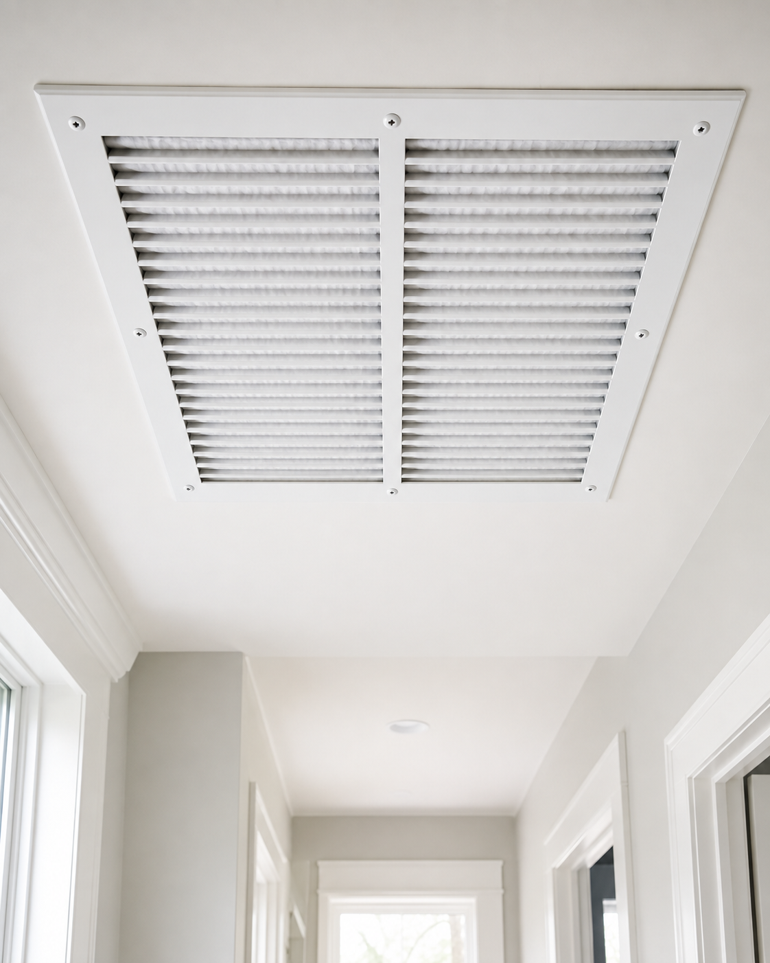 White ceiling vent grille in a hallway with beige walls and a window at left