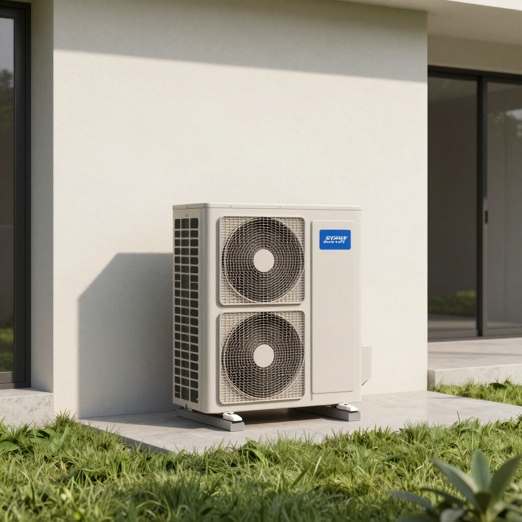 Outdoor HVAC unit beside a white house wall, with a shadow on the patio and grass in front
