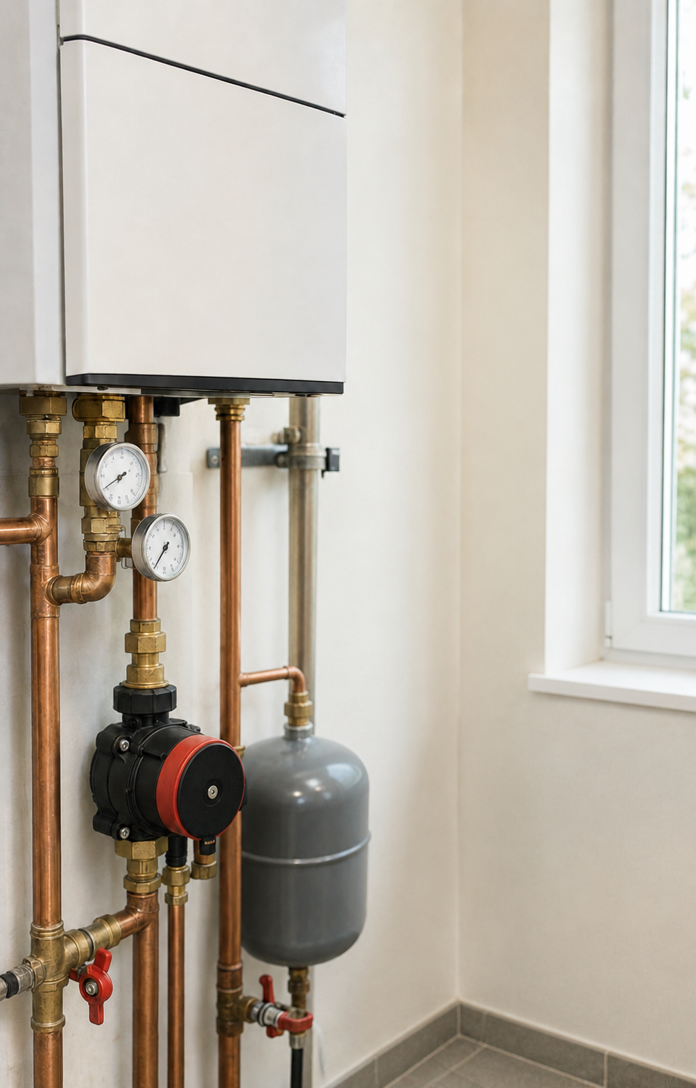 Boiler-room plumbing with copper pipes, gauges, and a gray expansion tank beside a window