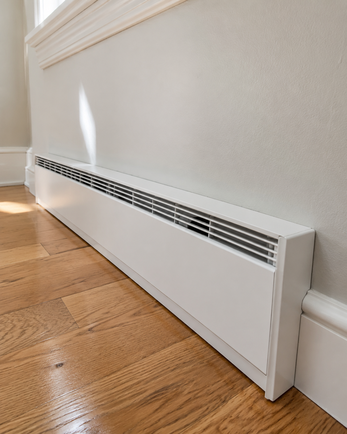 White electric baseboard heater along a beige wall on hardwood floor in a sunlit room