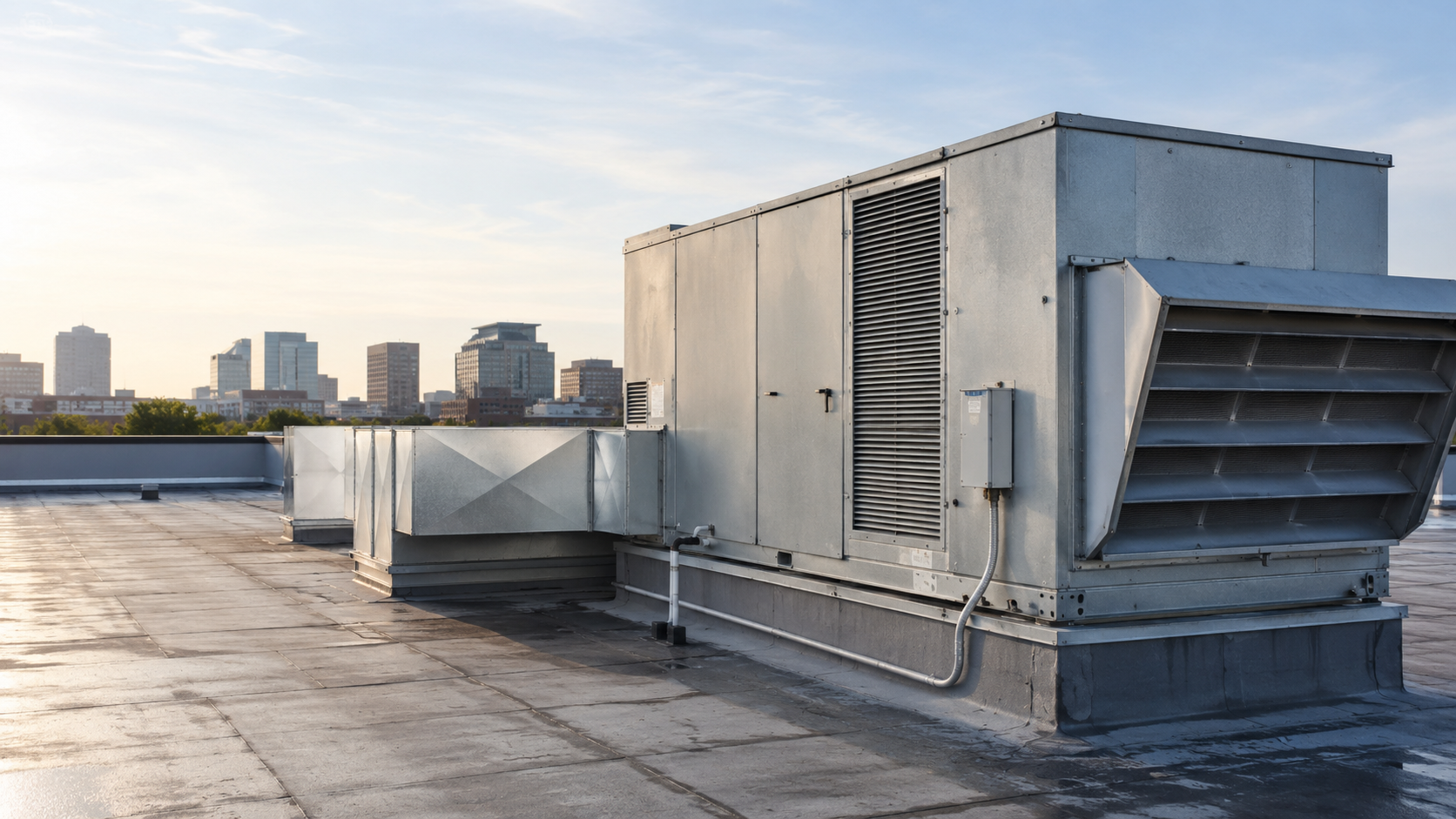 Rooftop HVAC unit and ductwork on a flat roof with city skyline in the background