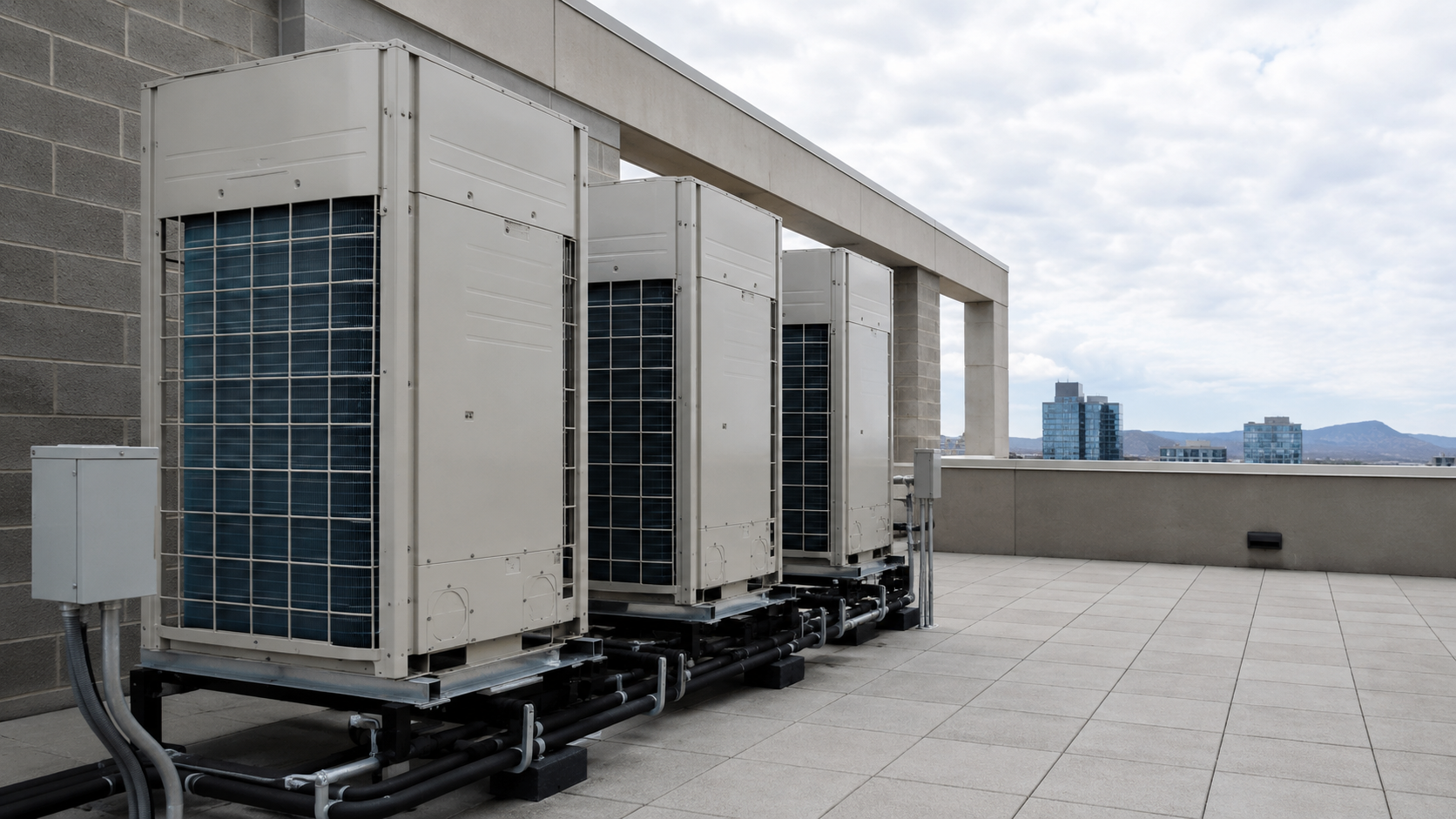 Rooftop air-conditioning units beside a concrete parapet under a cloudy sky.