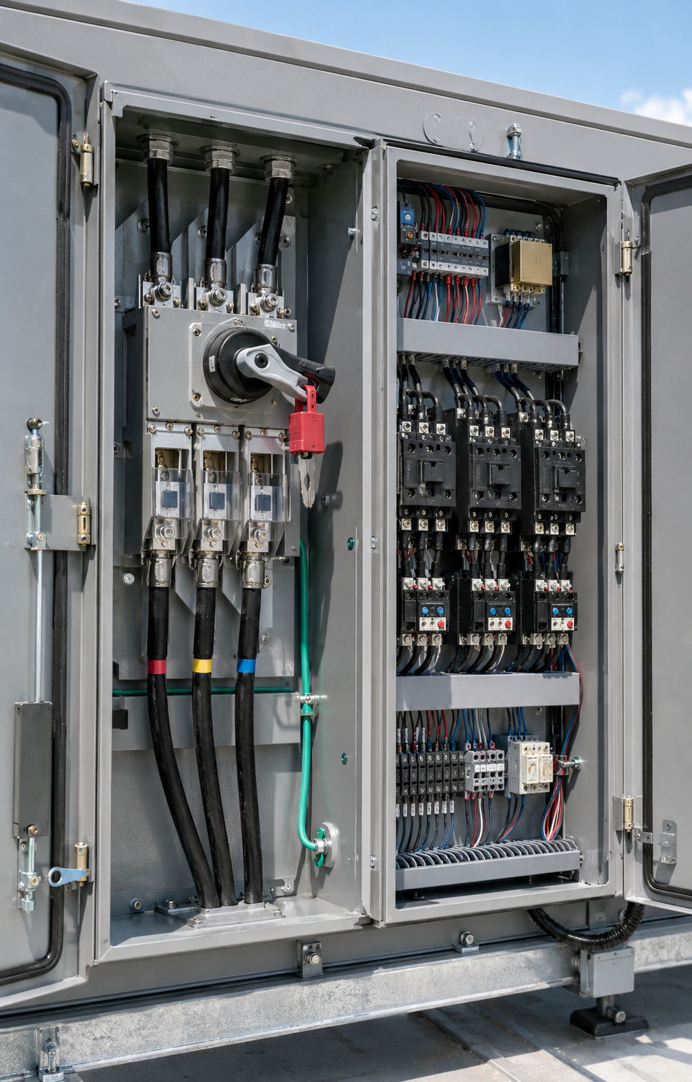 Open electrical control cabinet with wiring, switches, and circuit breakers outdoors