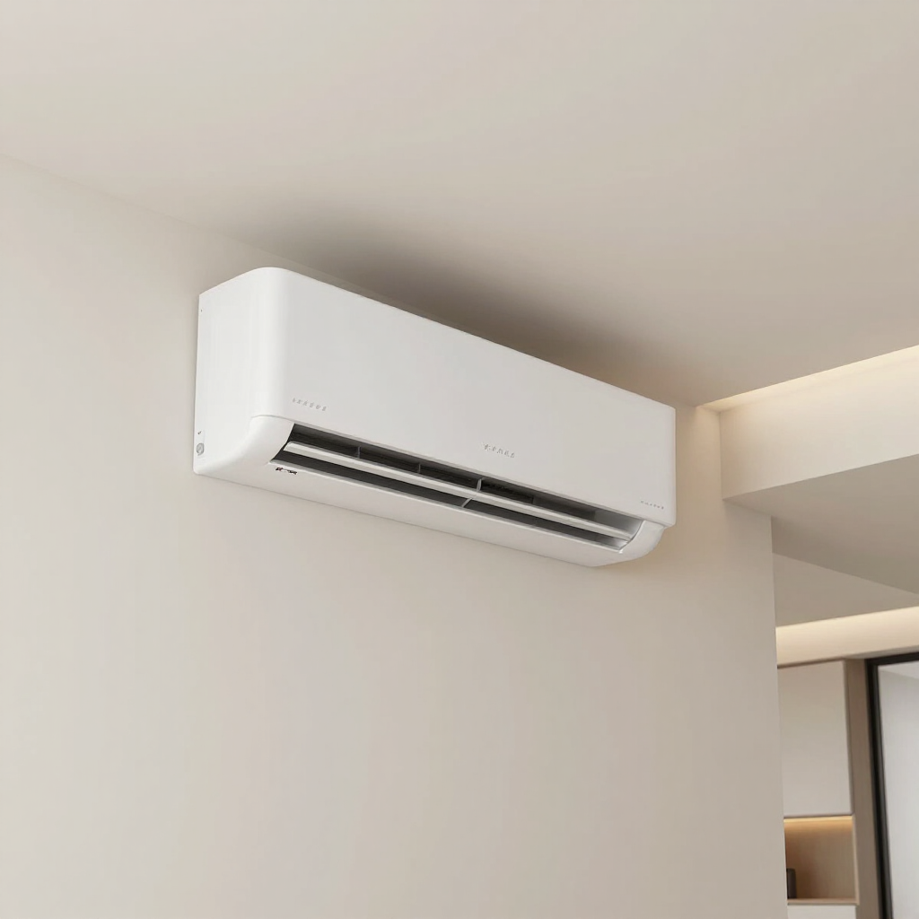 White wall-mounted air conditioner in a modern room corner, with dark vent slats visible.