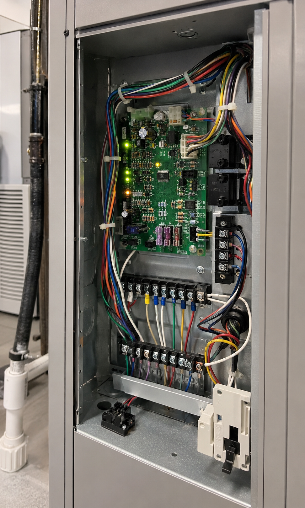 Open electrical control panel with circuit boards, wiring, and terminal blocks inside a metal cabinet