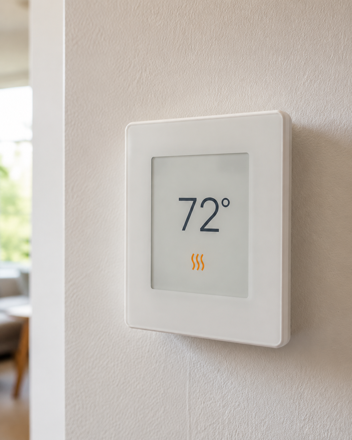 White wall thermostat displaying 72° with a heat icon on a beige wall