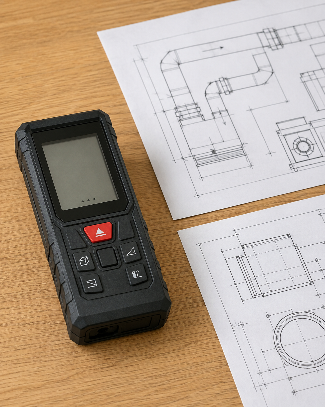 Handheld laser distance meter beside technical blueprint drawings on a wooden desk