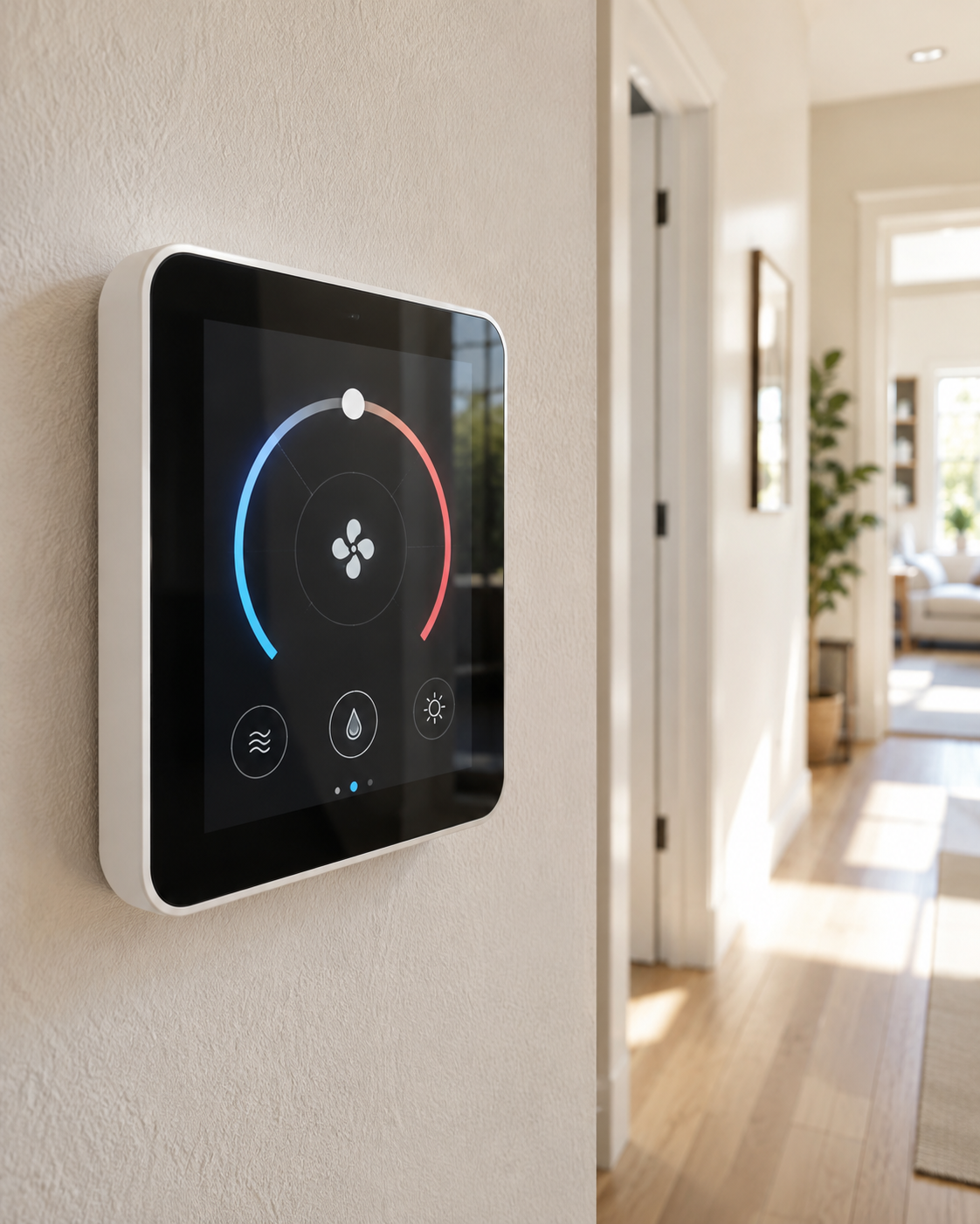 Modern smart thermostat with circular temperature display on a wall in a bright hallway.