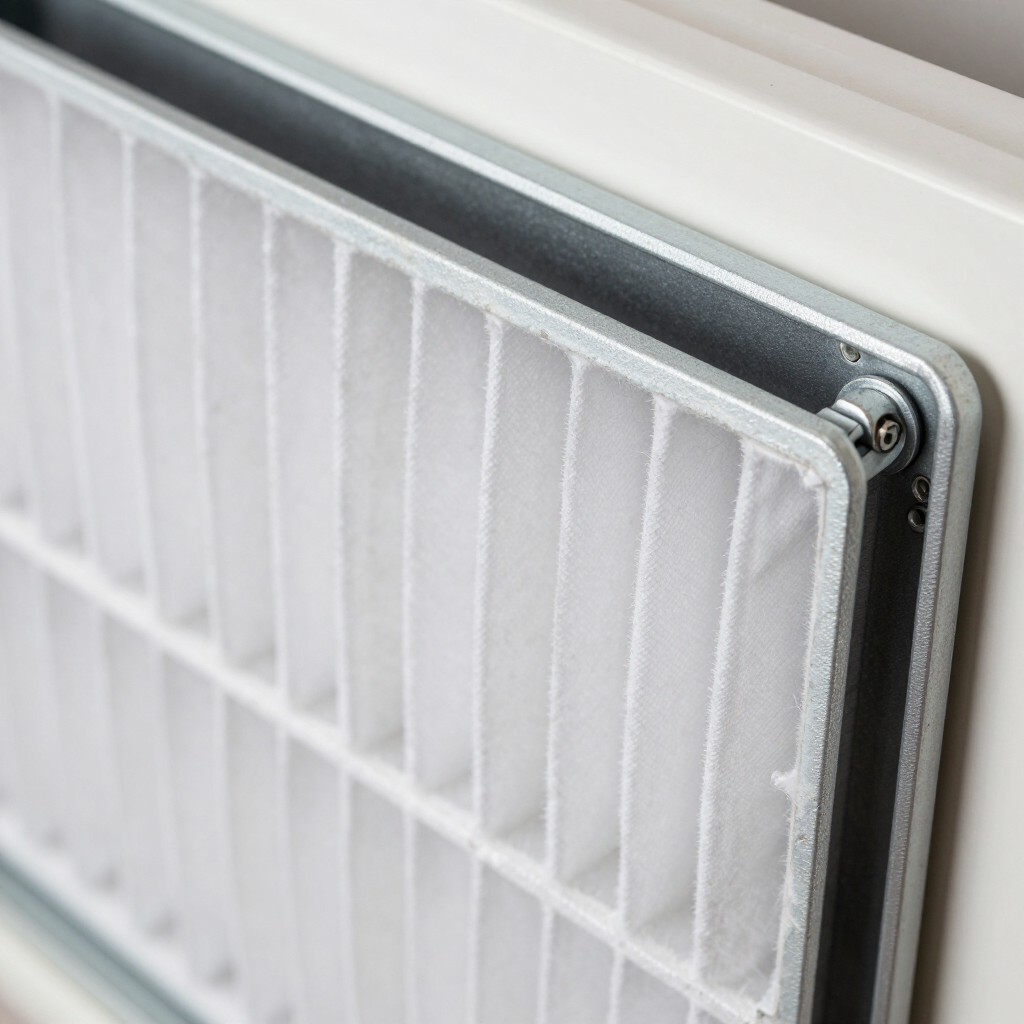 Close-up of a white radiator filter panel on a metal frame against a wall