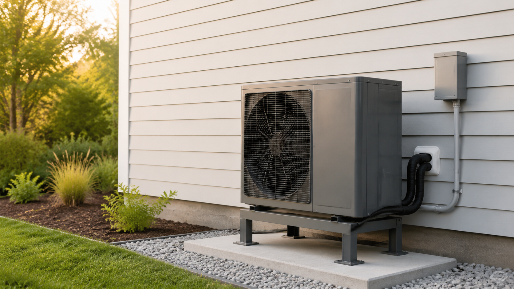 Outdoor HVAC unit beside a white house wall with landscaping and gravel base
