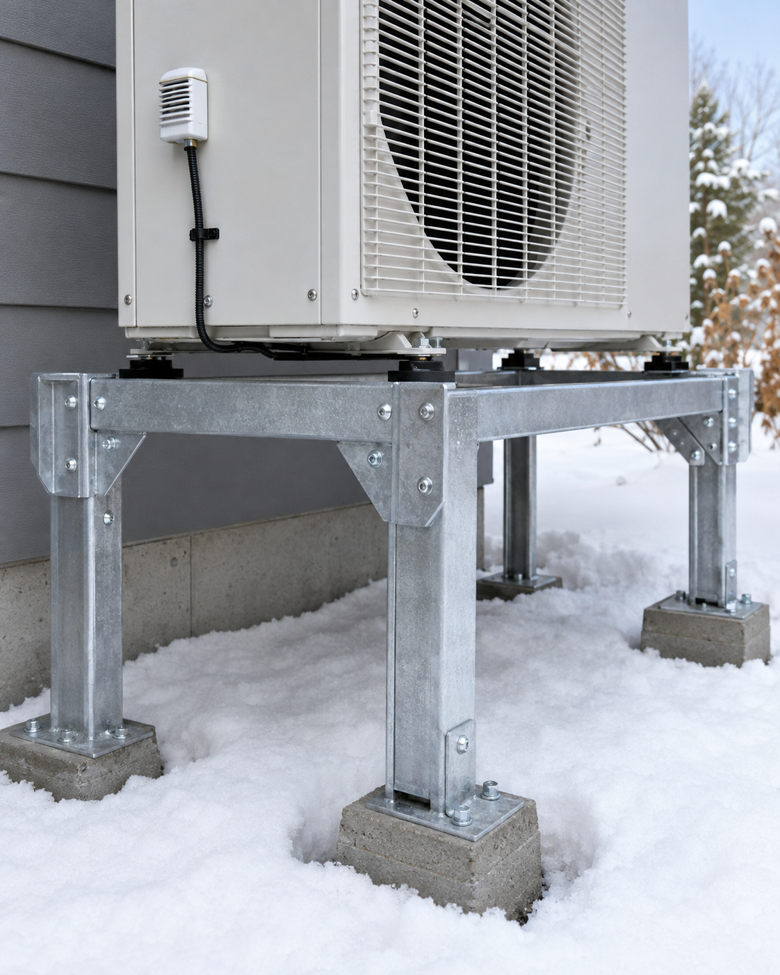 Outdoor heat pump unit on a galvanized metal stand above snow-covered ground.