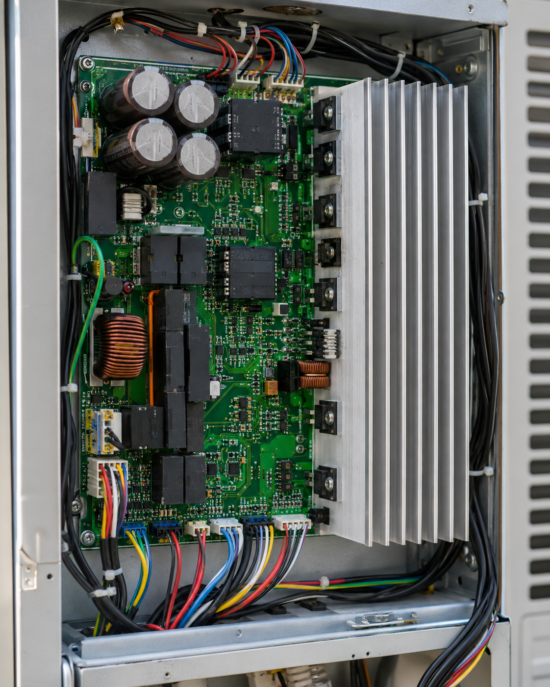 Open electronic control panel with green circuit board, capacitors, wiring, and a silver heatsink inside a cabinet