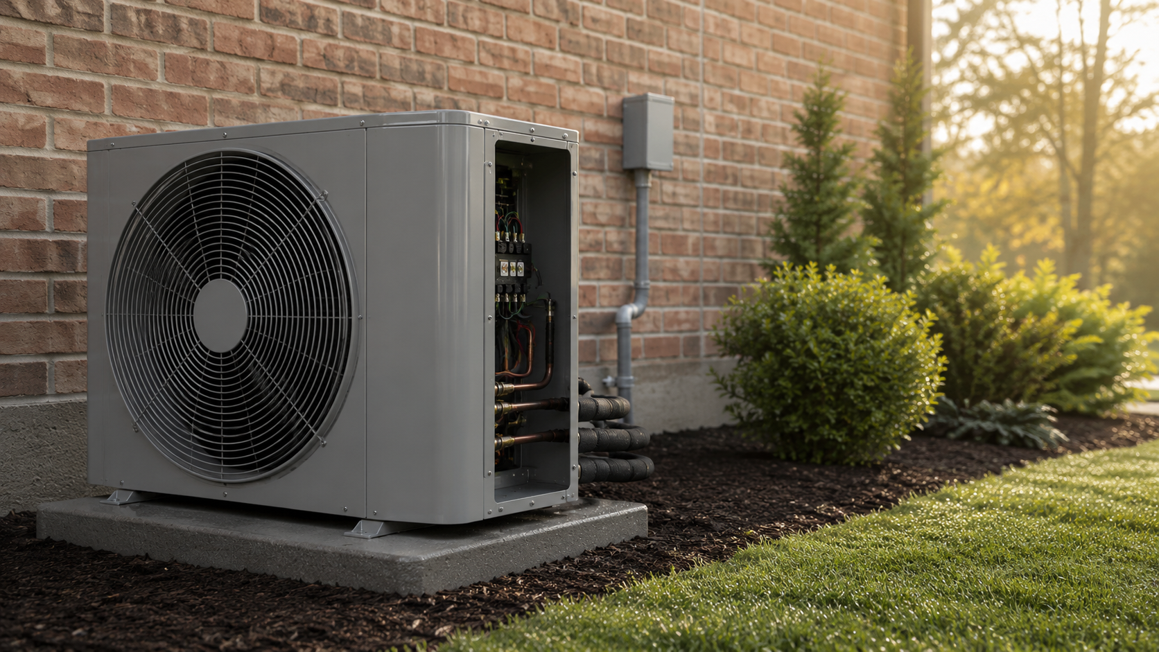 Outdoor air conditioning unit beside a brick house, with shrubs and a lawn nearby.