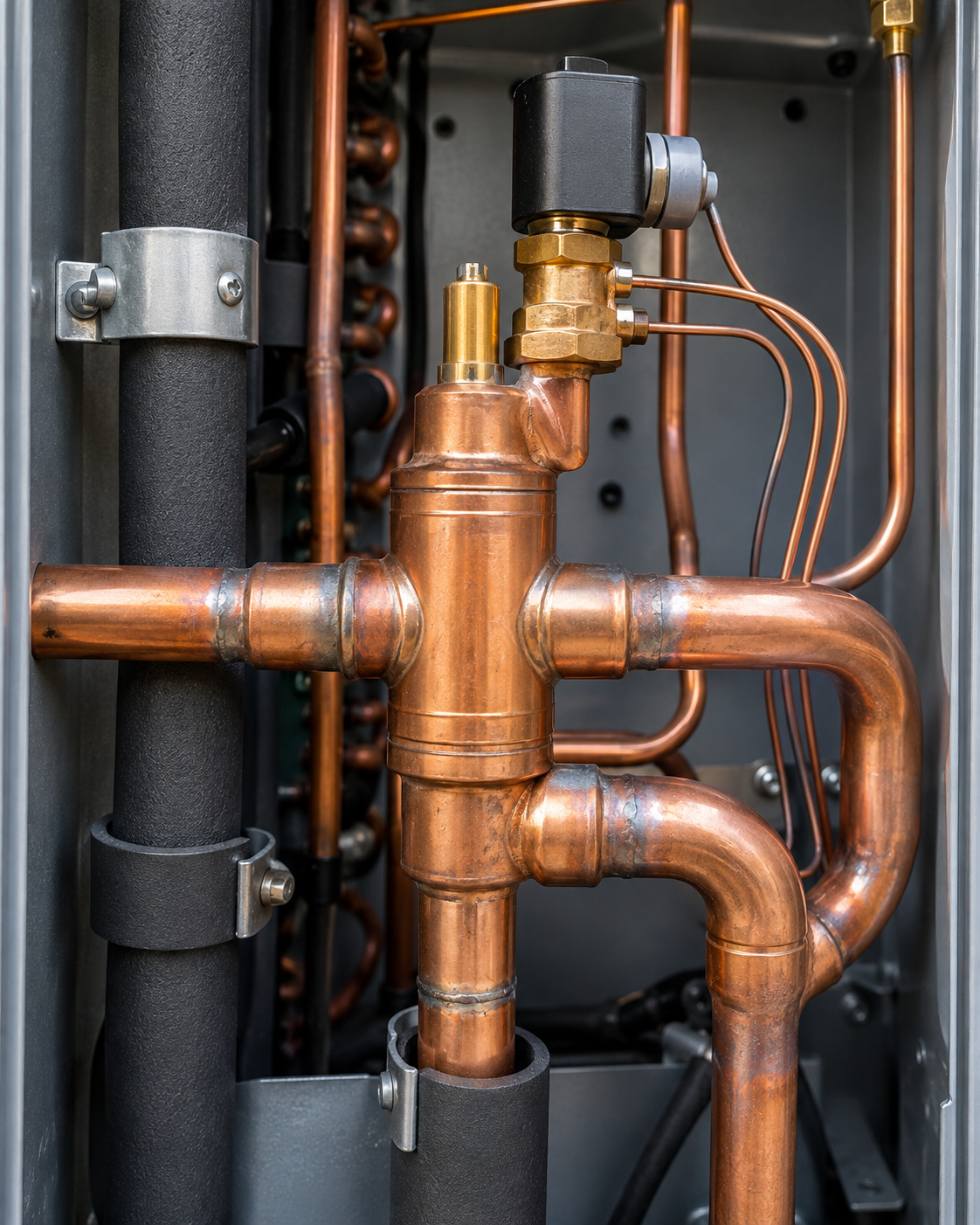 Copper plumbing pipes and valves inside a mechanical unit, with black insulated tubing in the background