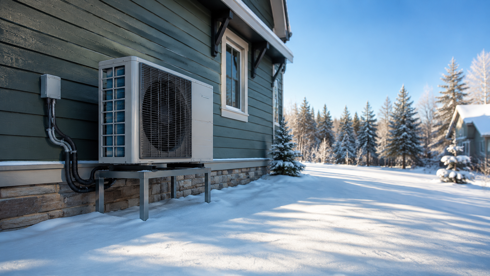 Snow-covered house exterior with a wall-mounted air conditioner beside snowy evergreens.