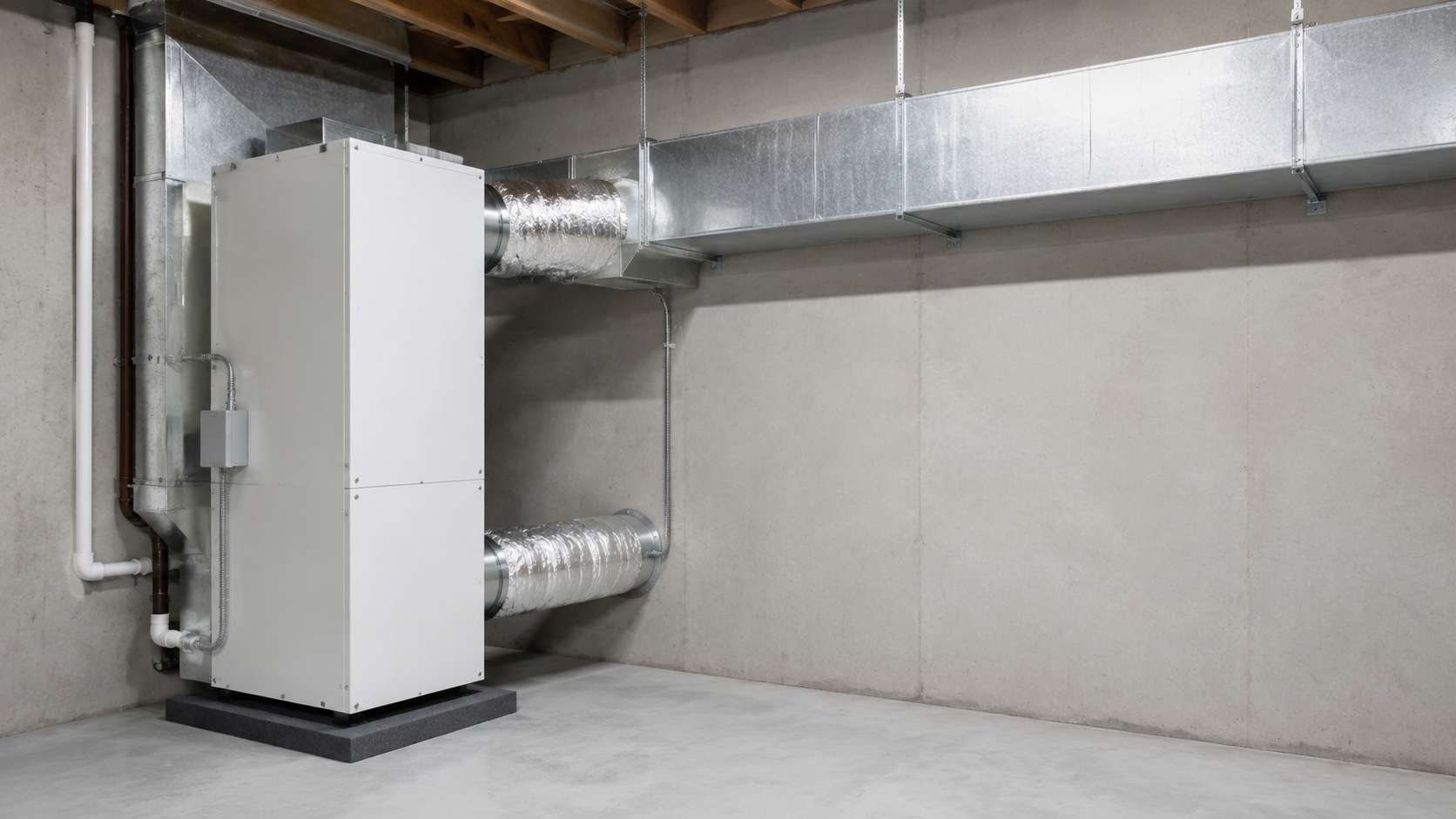 Basement utility room with a furnace, HVAC ducts, and concrete walls and floor.