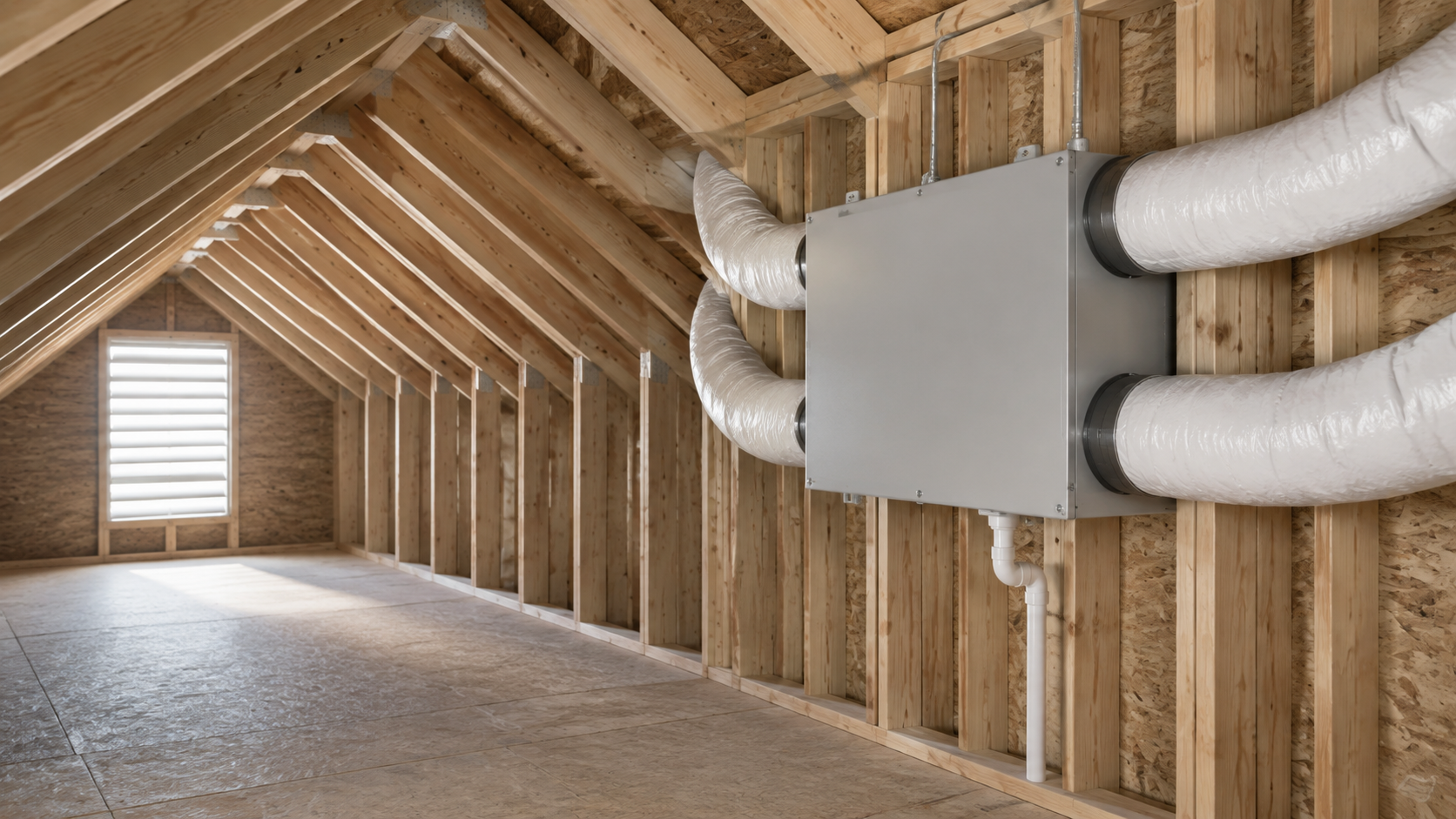 Unfinished attic with exposed rafters, insulation, and ductwork, lit by a small window.