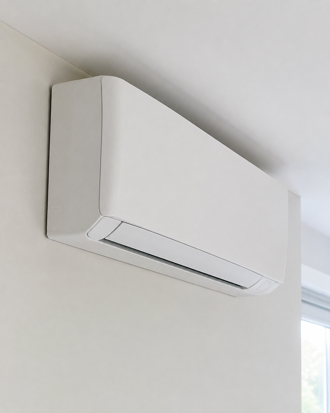 White wall-mounted air conditioner near the ceiling in a bright room.