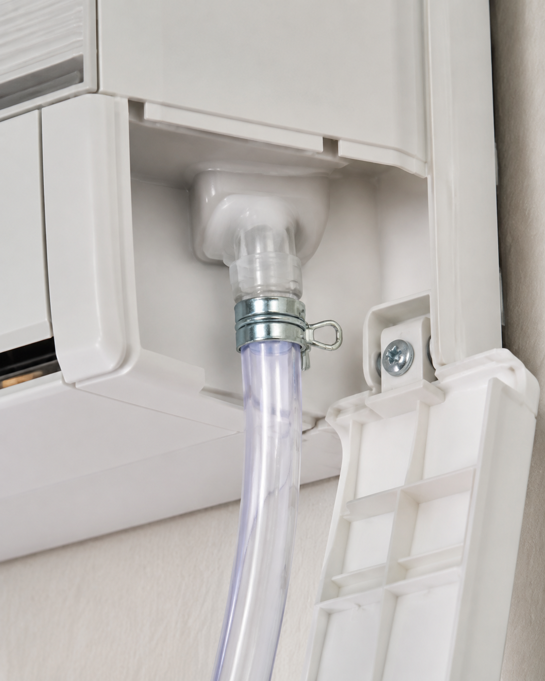 Close-up of a clear hose connected to a white wall-mounted unit, with a small open panel beside it.