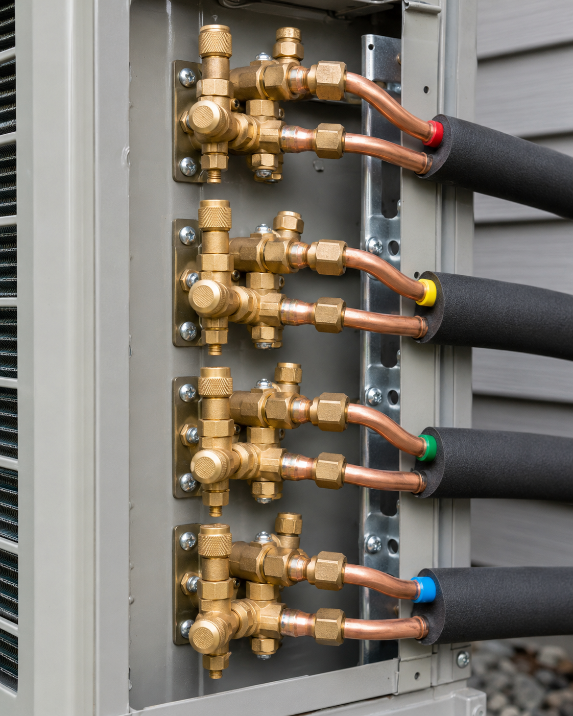Copper HVAC refrigerant manifold with four color-coded insulated lines connected to a unit.