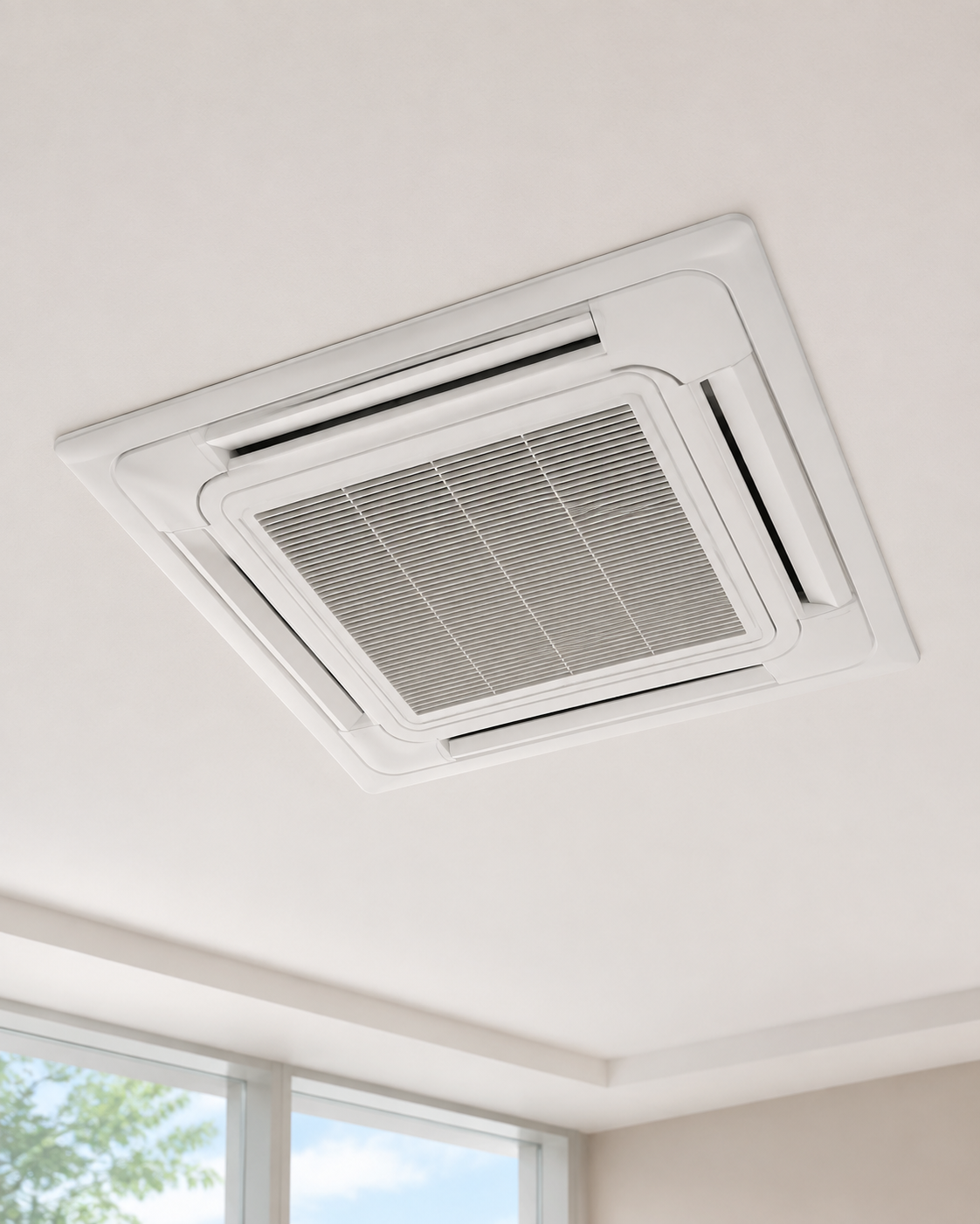 White ceiling cassette air conditioner above a window in a bright room