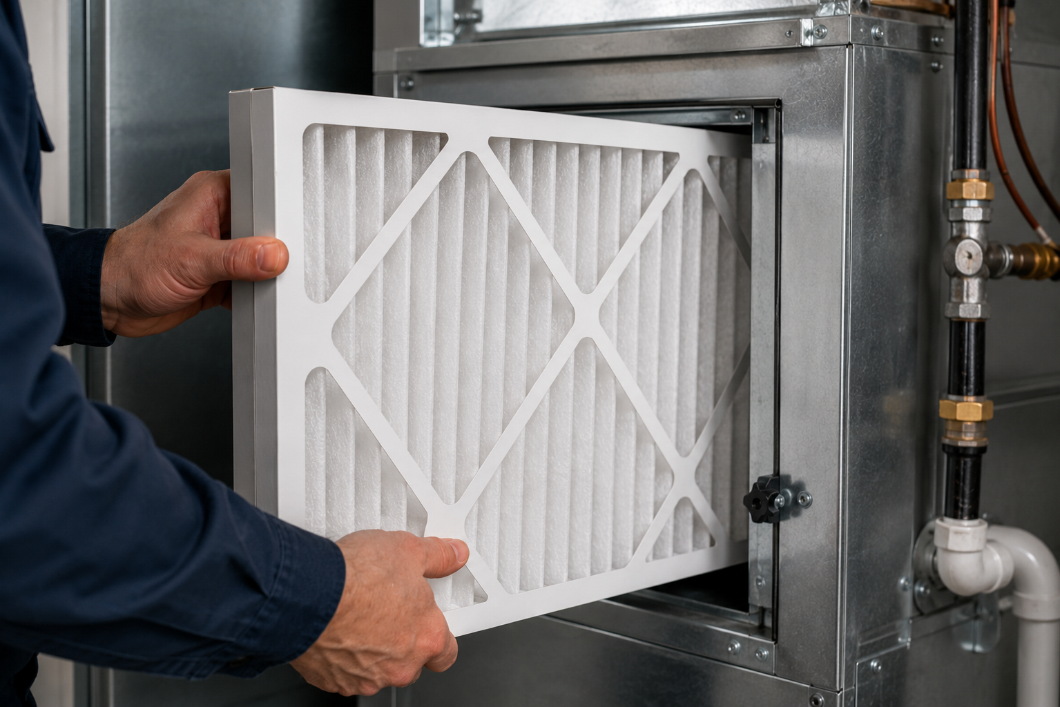 Person replacing a white HVAC filter in a metal air unit