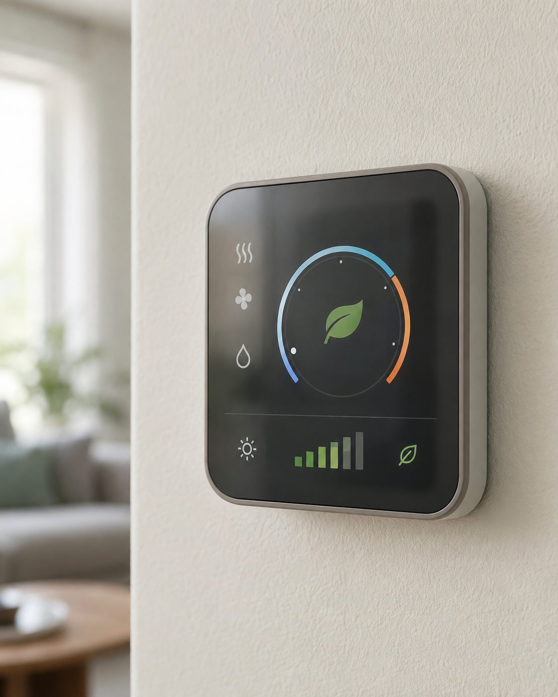 Wall-mounted smart thermostat with a leaf icon and temperature controls on a home wall.