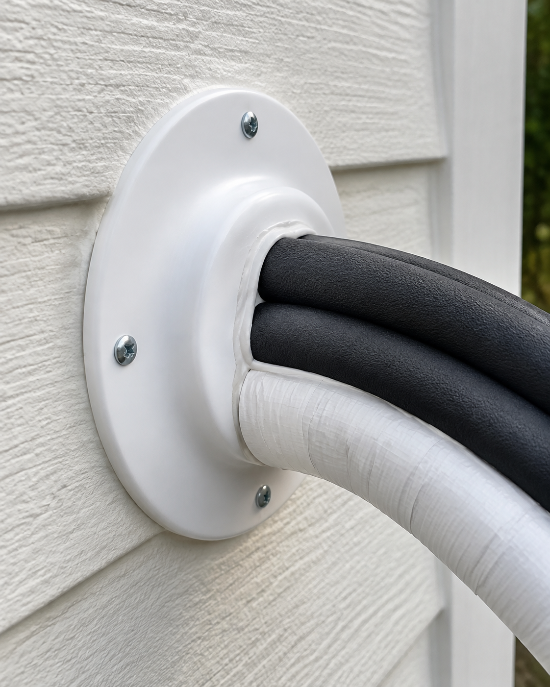 White cable entry plate with black and white wires entering a house exterior wall