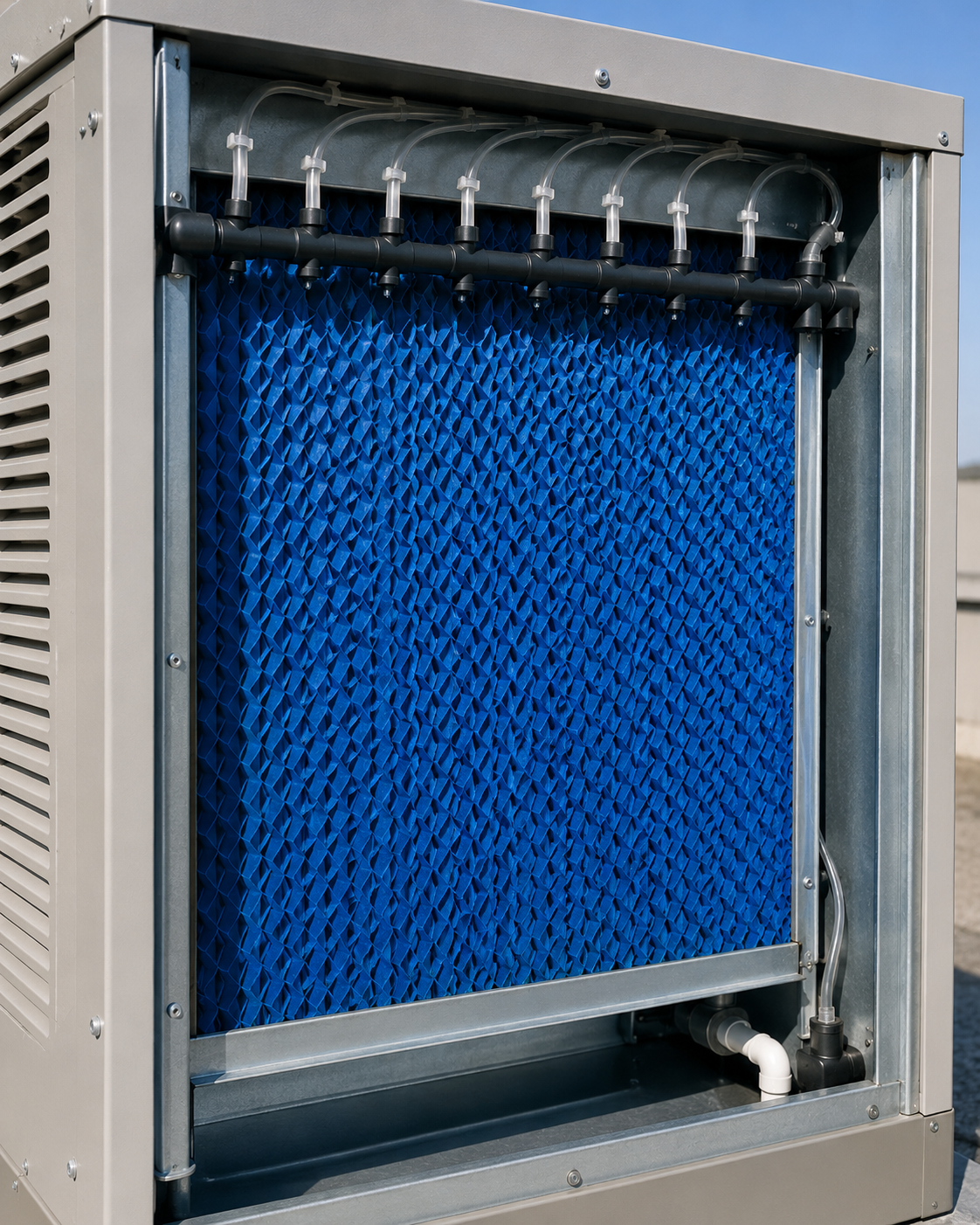 Blue industrial air filter panel inside a metal housing