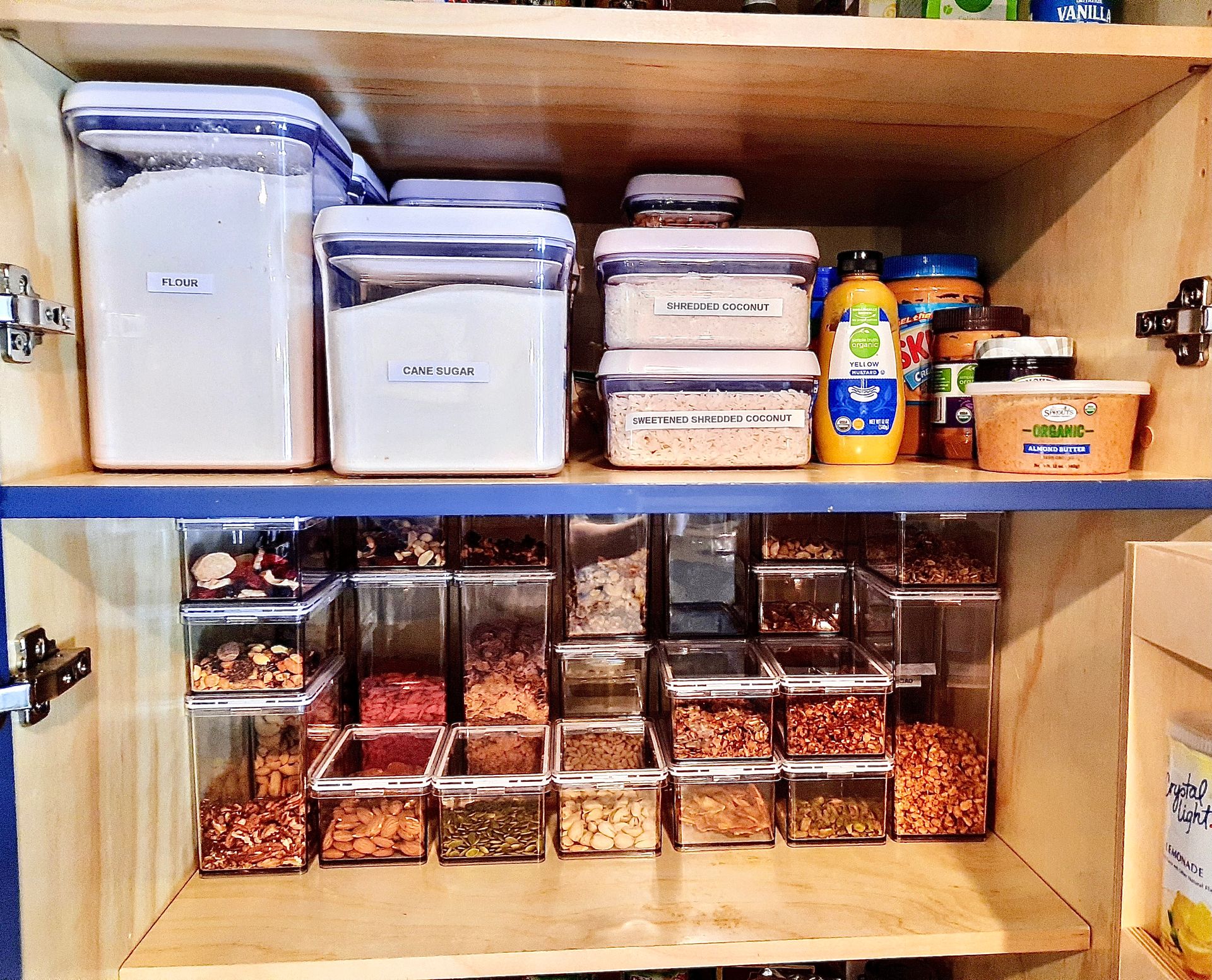 A pantry filled with lots of containers including one that says ' rice ' on it