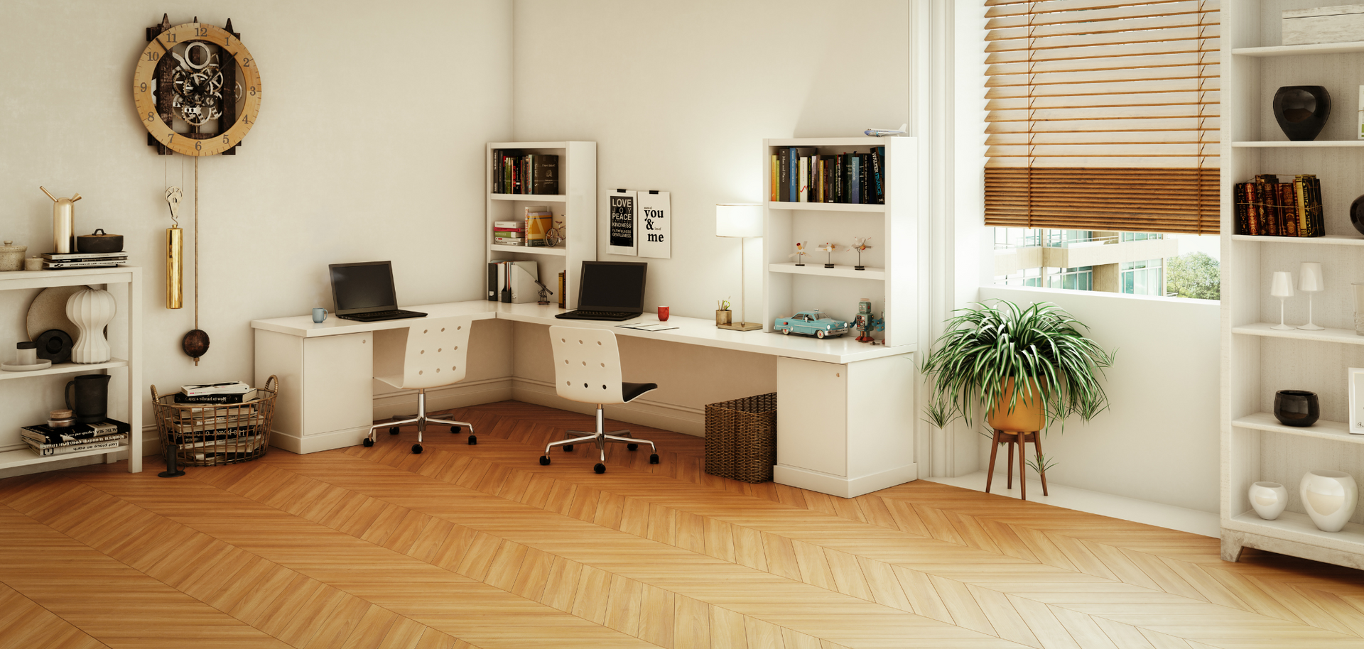 A room with two desks and a window with blinds.