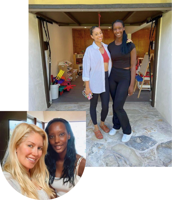 Three women are posing for a picture in front of a garage door