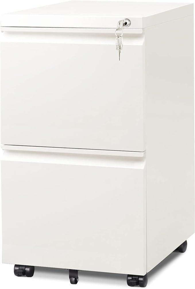 A white filing cabinet with two drawers and a lock.