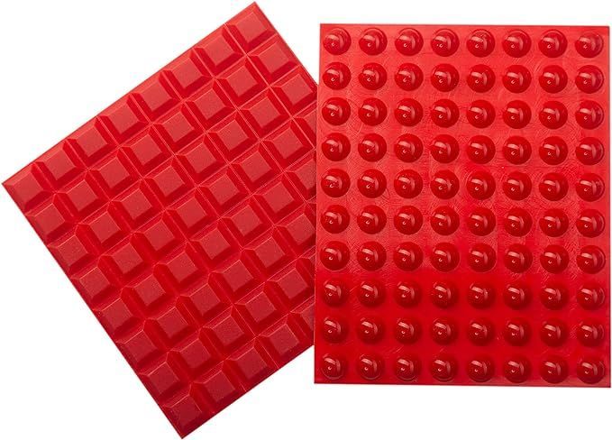 Two red squares with circles on them on a white background