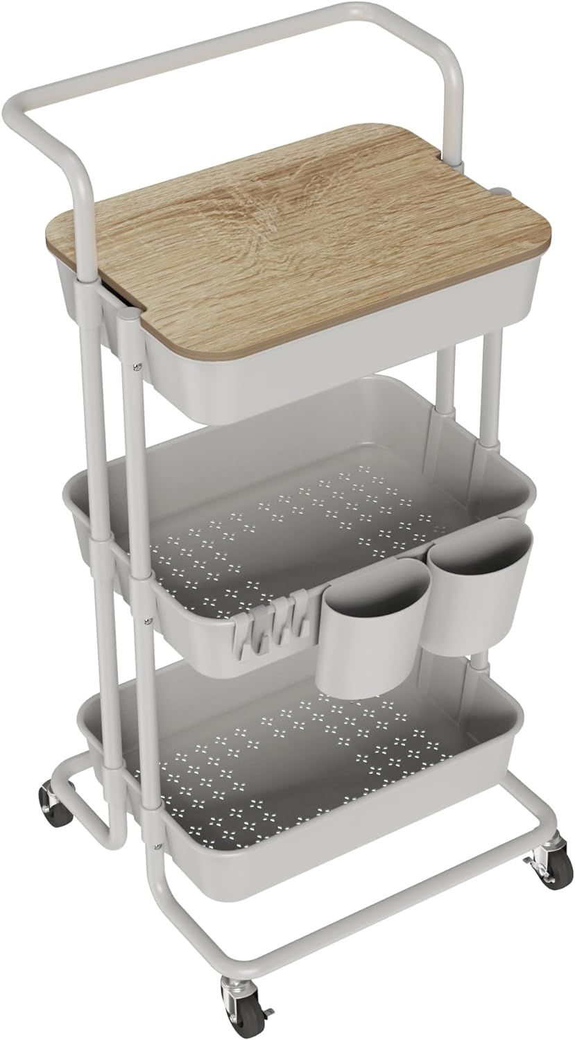 A white cart with three shelves and a wooden top.
