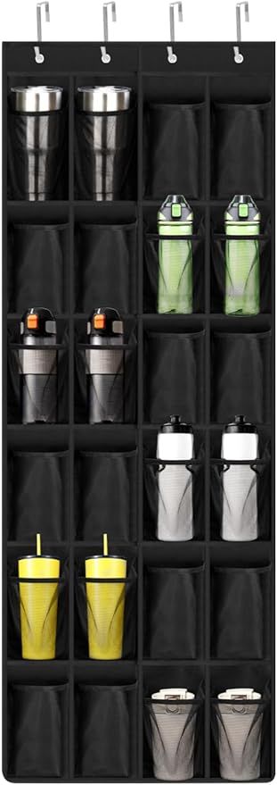 A black shoe rack filled with water bottles and trash cans.