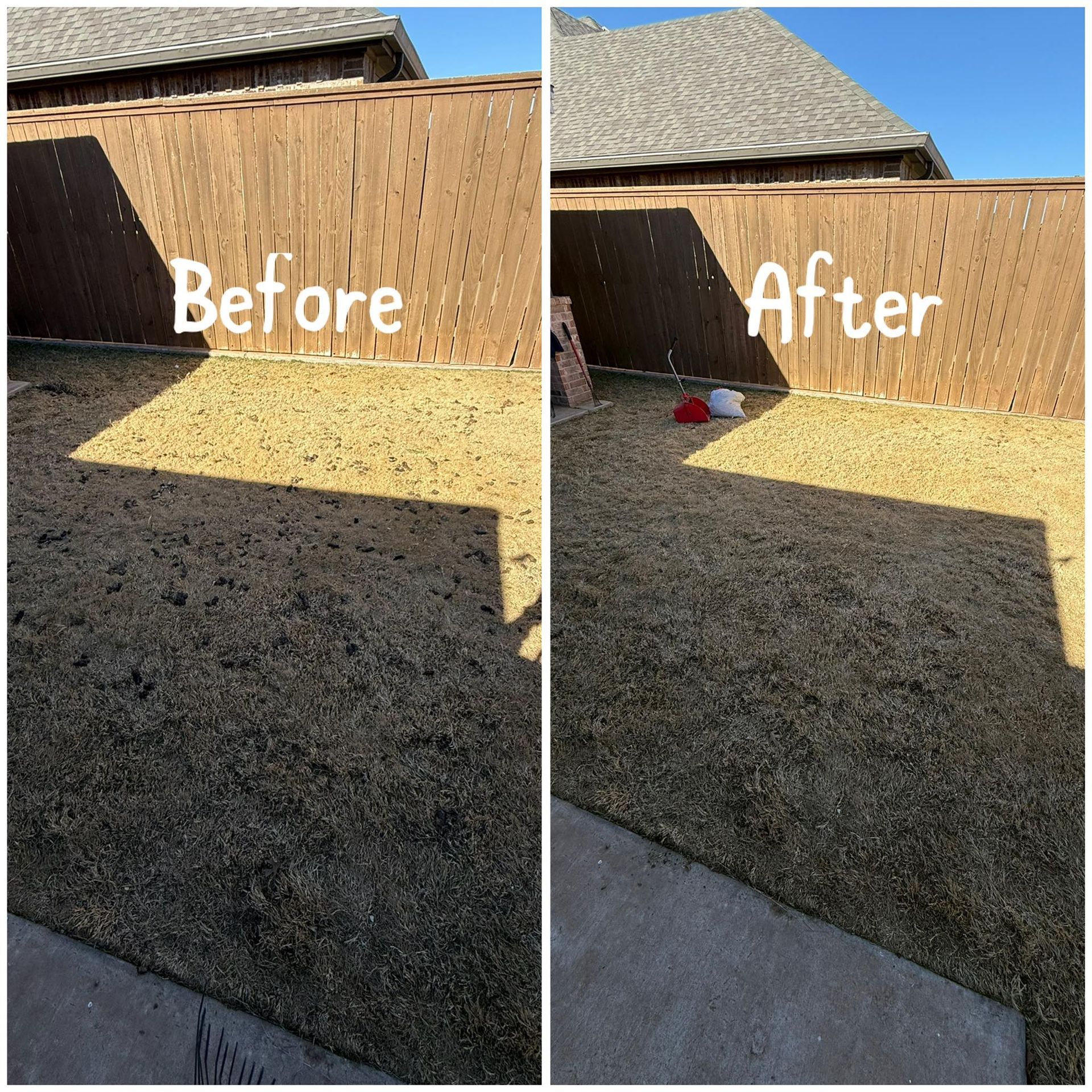 Backyard fence and grass before and after cleanup, split-screen comparison