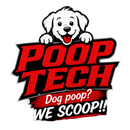 Logo with cartoon dog peeking over red and black “POOP TECH” text, “Dog poop? WE SCOOP!” below