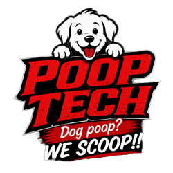 Logo with cartoon dog peeking over red and black “POOP TECH” text, “Dog poop? WE SCOOP!” below
