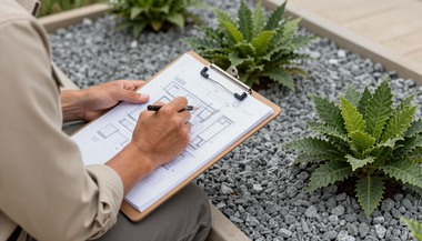 Person taking notes on a clipboard beside landscaped gravel and small green plants
