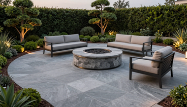 Modern backyard patio with gray seating around a circular stone fire pit, surrounded by greenery